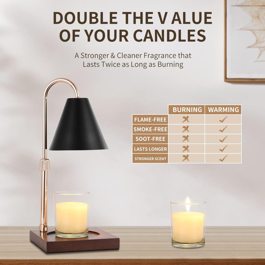 a candle and lamp on a table with text: 'DOUBLE THE VALUE OF YOUR CANDLES A Stronger & Cleaner Fragrance that Lasts Twice as Long as Burning BURNING WARMING FLAME-FREE SMOKE-FREE SOOT-FREE LASTS LONGER STRONGER SCENT'