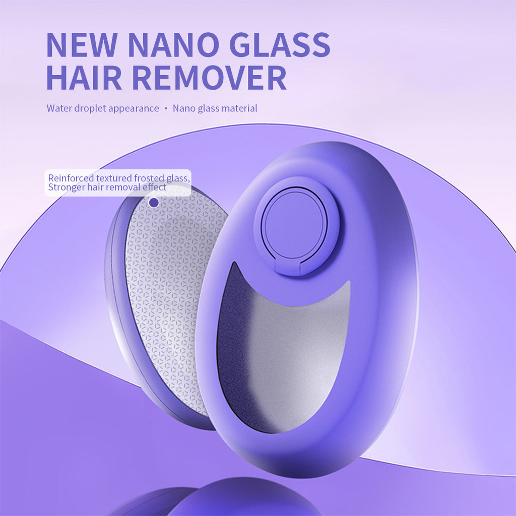 a close up of a product with text: 'NEW NANO GLASS HAIR REMOVER Water droplet appearance Nano glass material Reinforced textured frosted glass, Stronger hair removal effect'