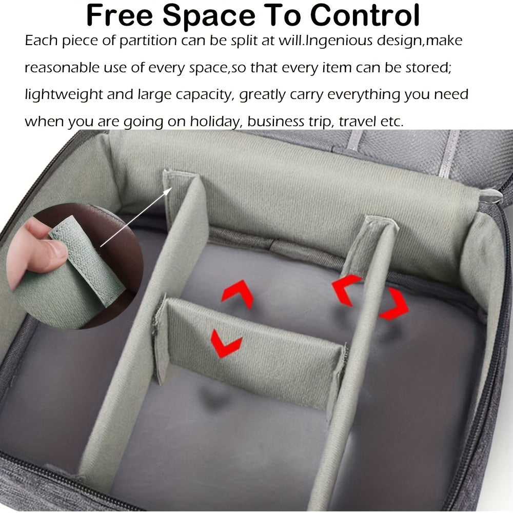 a close up of a bag with text: 'Free Space To Control Each piece of partition can be split at will.Ingenious design, make reasonable use of every space,so that every item can be stored; lightweight and large capacity, greatly carry everything you need when you are going on holiday, business trip, travel etc.'