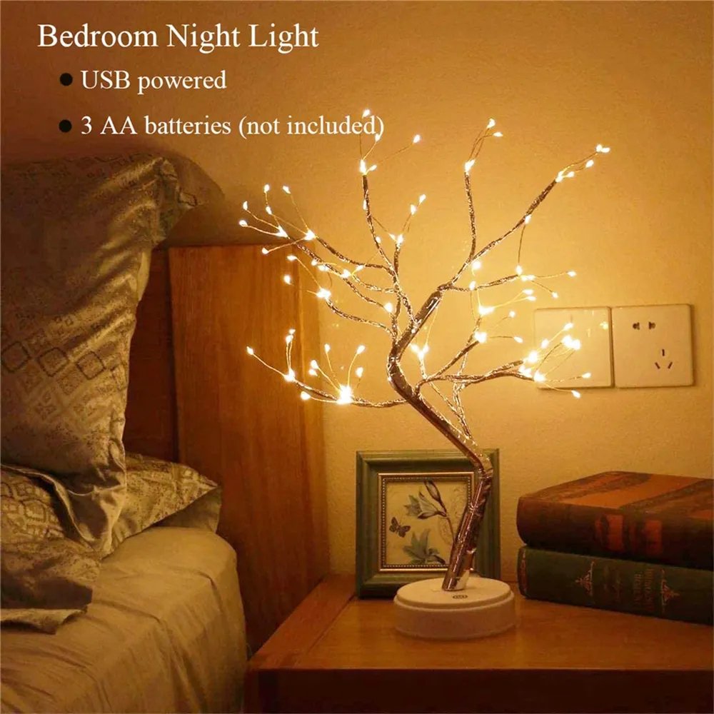 a lamp on a table with text: 'Bedroom Night Light USB powered 3 AA batteries (not included) -'