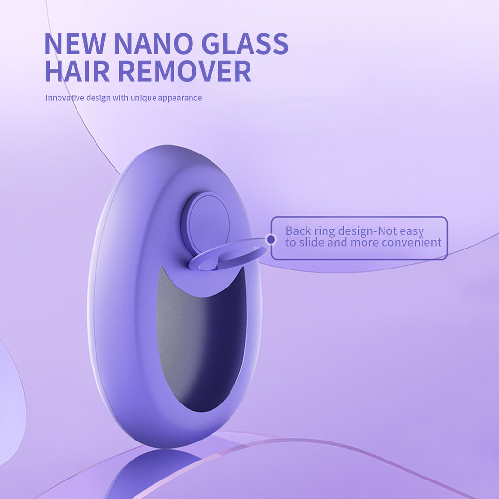 a close up of a device with text: 'NEW NANO GLASS HAIR REMOVER Innovative design with unique appearance Back ring design-Not easy to slide and more convenient'