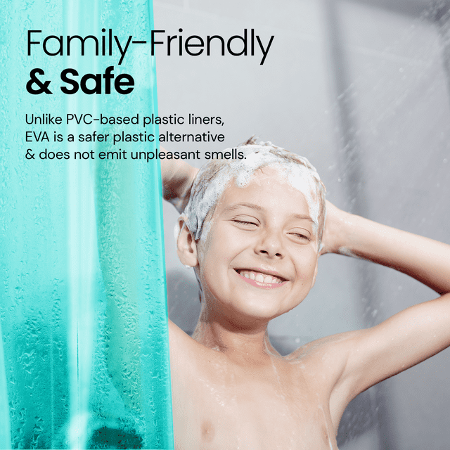 a child washing his head with text: 'Family-Friendly & Safe Unlike PVC-based plastic liners, EVA is a safer plastic alternative & does not emit unpleasant smells.'