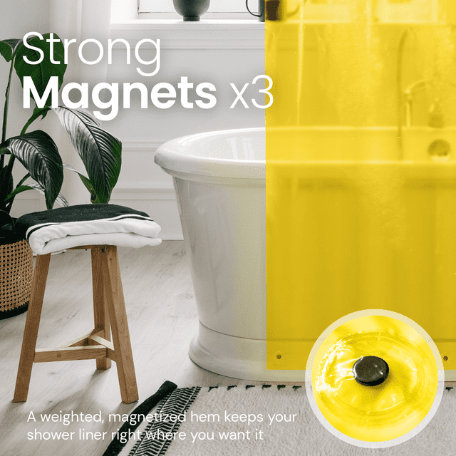 a yellow bathtub in a bathroom with text: 'Strong Magnets A weighted, magnetized hem keeps your shower liner right where you want it'