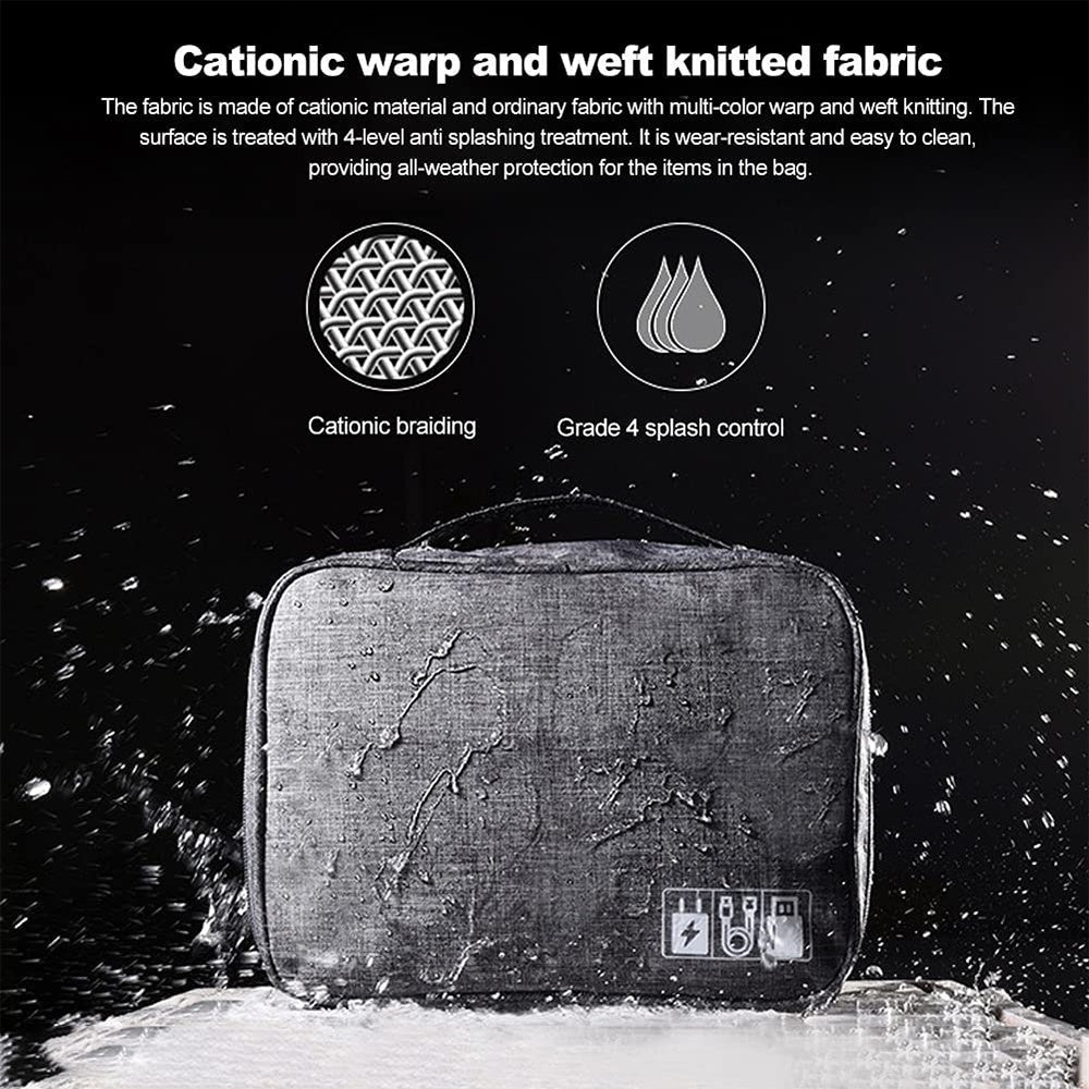 a black bag with water splashing on it with text: 'Cationic warp and weft knitted fabric The fabric is made of cationic material and ordinary fabric with multi-color warp and weft knitting. The surface is treated with 4-level anti splashing treatment. It is wear-resistant and easy to clean, providing all-weather protection for the items in the bag. Cationic braiding Grade 4 splash control'