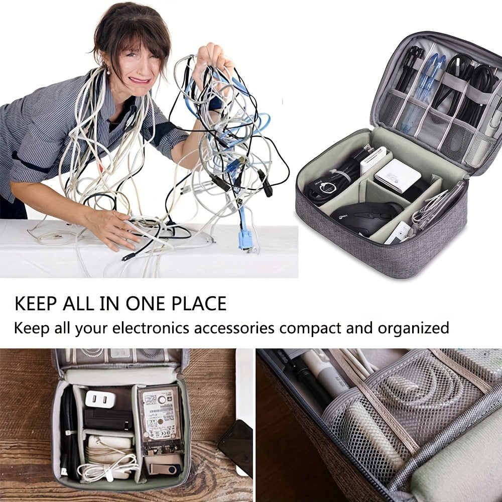 a person holding a bunch of wires with text: 'KEEP ALL IN ONE PLACE Keep all your electronics accessories compact and organized'