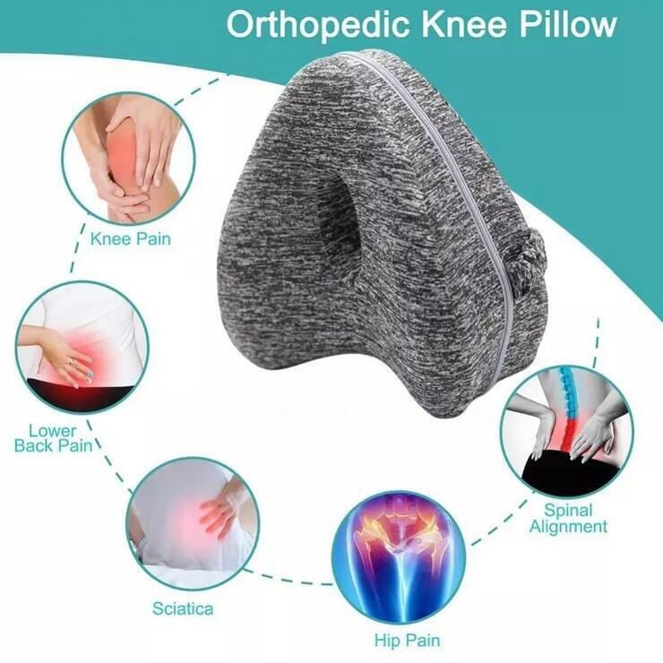 a pillow with different types of pain with text: 'Orthopedic Knee Pillow - Knee Pain - Lower Back Pain - - Spinal - Alignment - - Sciatica Hip Pain'