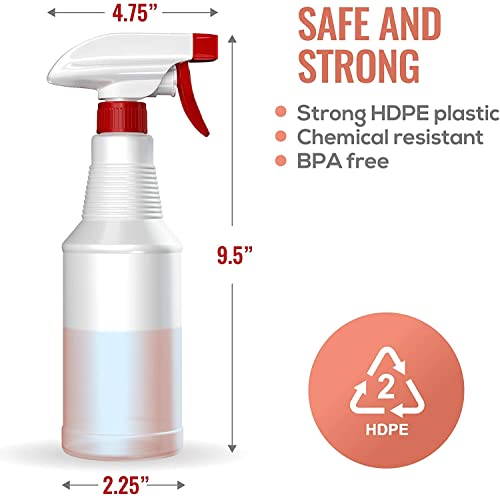 a spray bottle with measurements with text: '4.75' SAFE AND STRONG Strong HDPE Chemical resistant BPA free 9.5" HDPE 2.25"'