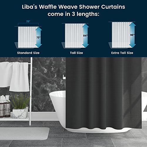 a bathtub with a shower curtain with text: 'Liba's Waffle Weave Shower Curtains come in 3 lengths: 72" 96" Standard Size Tall Size Extra Tall Size'