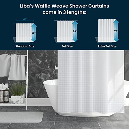 a shower curtain with a bathtub and a towel rack with text: 'Liba's Waffle Weave Shower Curtains come in 3 lengths: 72" 84 Standard Size Tall Size Extra Tall Size'