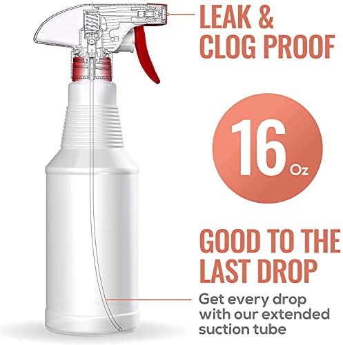 a white spray bottle with a red sprayer with text: 'LEAK & CLOG PROOF 16 Oz GOOD TO THE LAST DROP Get every drop with our extended suction tube'