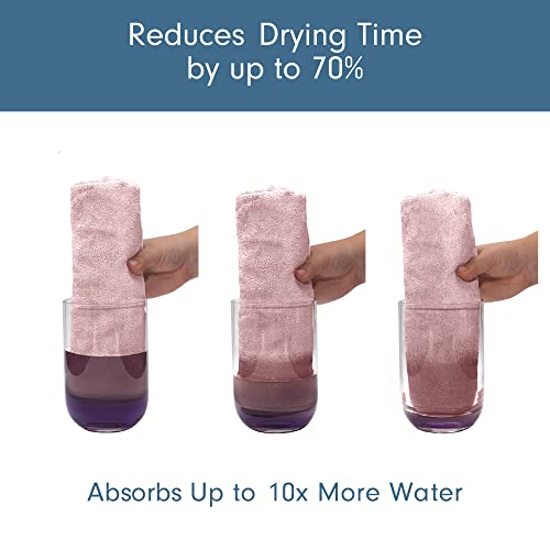 a hand holding a towel in a glass with text: 'Reduces Drying Time by up to 70% Absorbs Up to 10x More Water'