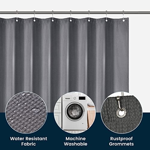 a shower curtain with a metal rod with text: '- Water Resistant Machine Rustproof Fabric Washable Grommets'