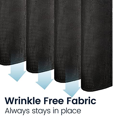 a close-up of a fabric with text: 'Wrinkle Free Fabric Always stays in place'