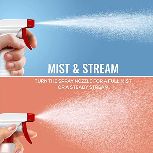 a collage of a spray bottle with text: 'MIST & STREAM TURN THE SPRAY NOZZLE FOR A FULL MIST OR A STEADY STREAM'