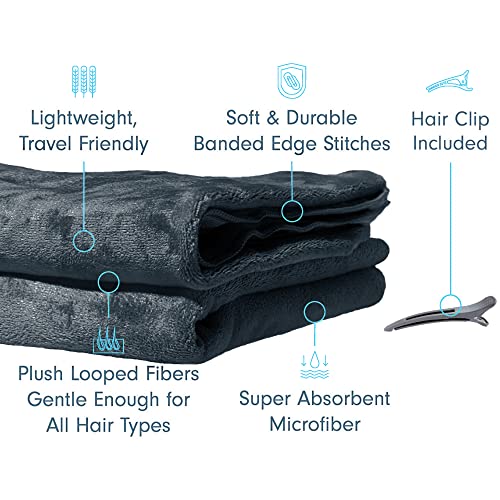 a stack of black towels with text and images with text: 'Lightweight, Soft & Durable Hair Clip Travel Friendly Banded Edge Stitches Included Plush Looped Fibers 101 Gentle Enough for Super Absorbent All Hair Types Microfiber'