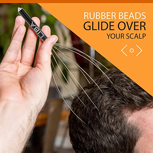 a hand holding a black object with silver wires over a person's head with text: 'RUBBER BEADS GLIDE OVER YOUR SCALP LIBA'