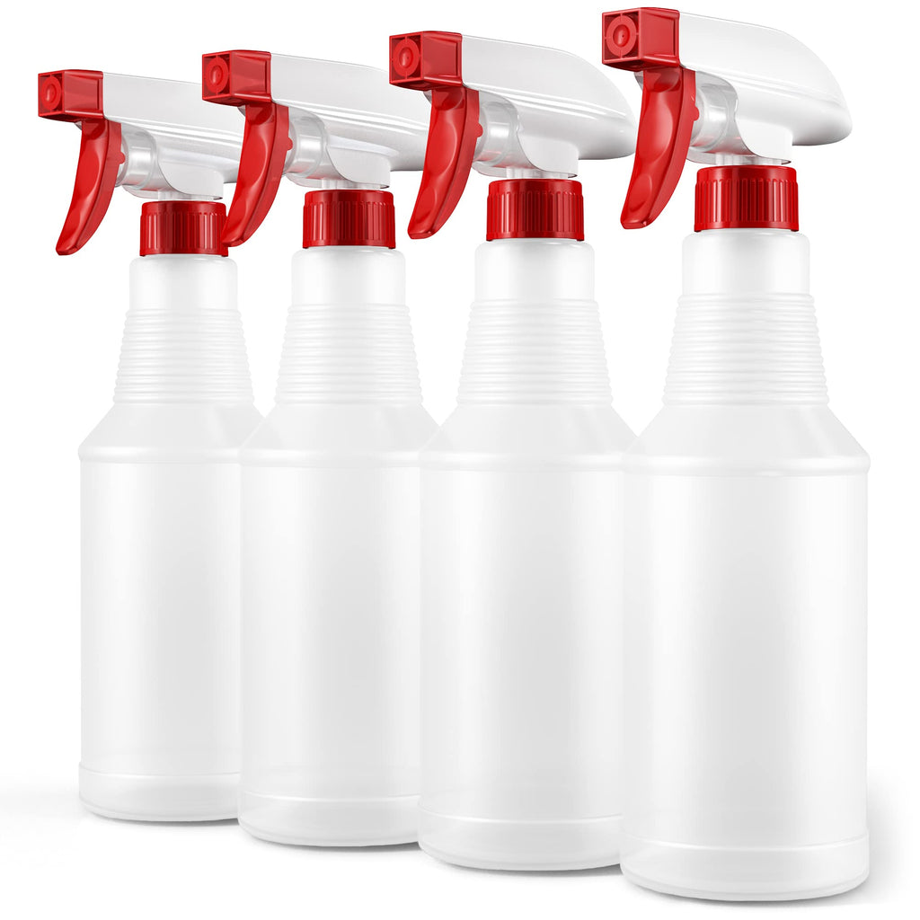 a group of white bottles with red handles