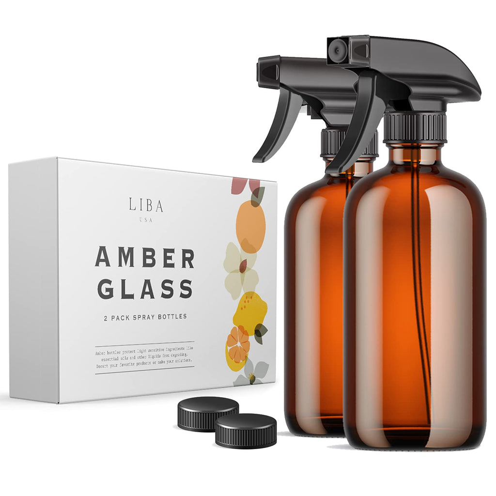 two bottles with a sprayer next to a box with text: 'LIBA AMBER GLASS 2 PACK SPRAY BOTTLES your or'