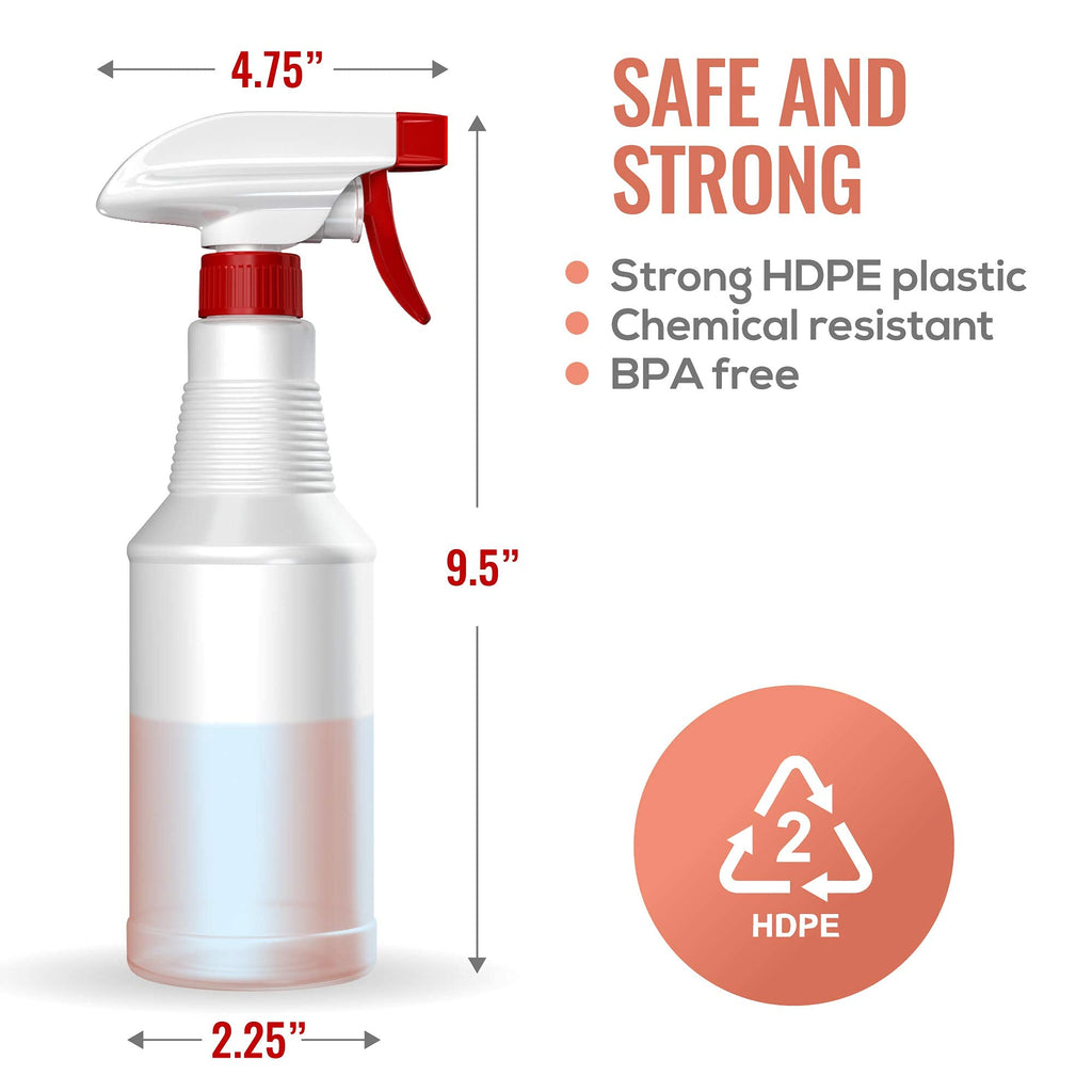 a spray bottle with a red and white sprayer with text: '4.75" SAFE AND STRONG Strong HDPE plastic Chemical resistant BPA free HDPE 2.25'