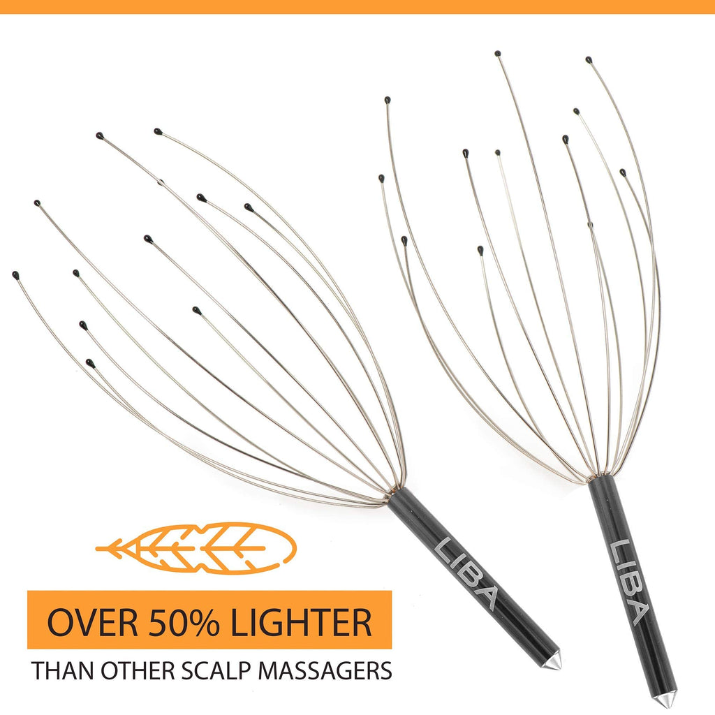 a pair of metal head massagers with text: 'LIBA LIBA OVER 50% LIGHTER THAN OTHER SCALP MASSAGERS'