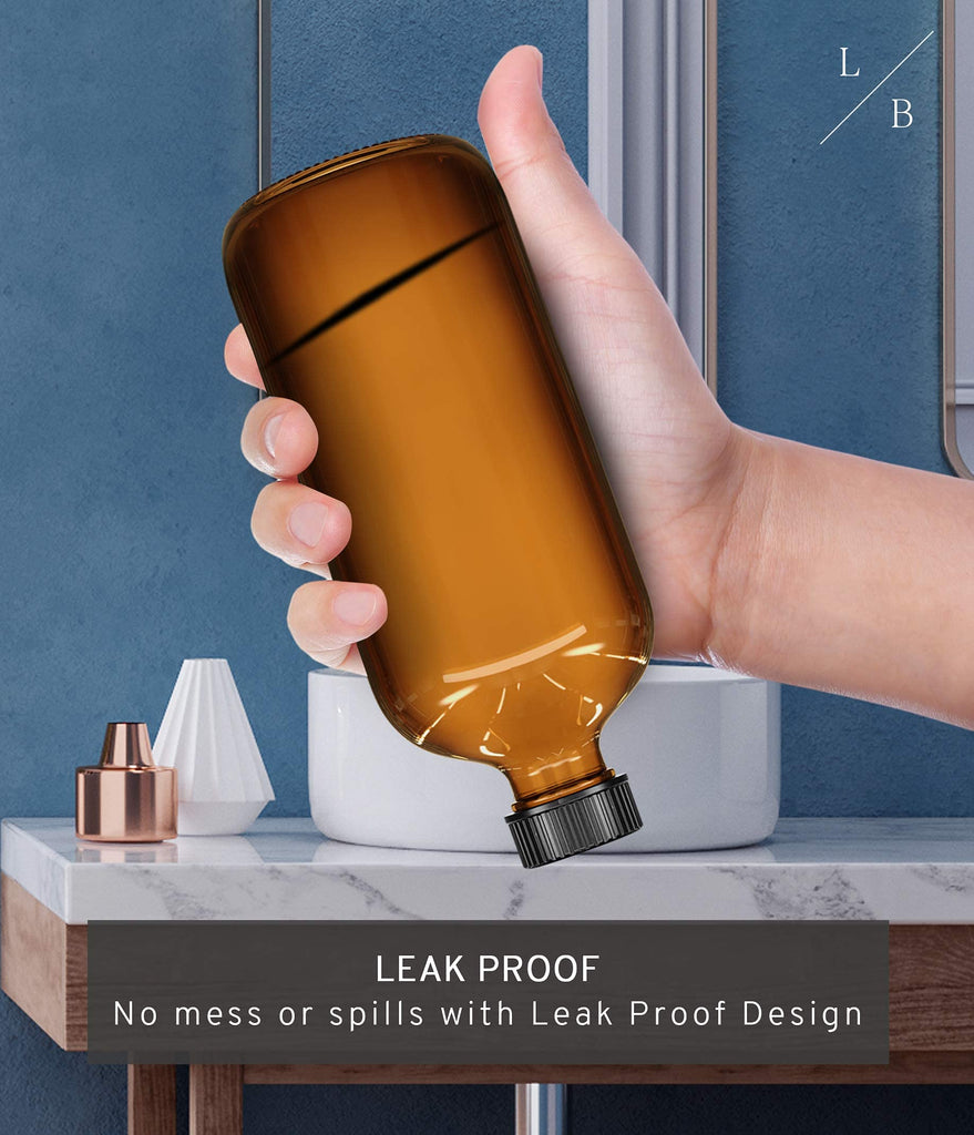 a hand holding a brown bottle with text: 'L B LEAK PROOF No mess or spills with Leak Proof Design'