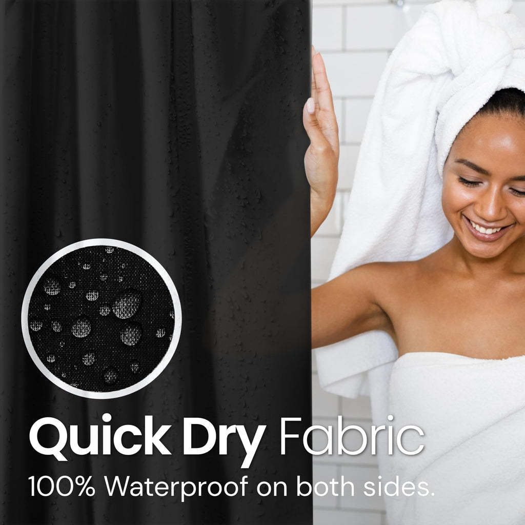 a person in a towel with text: 'Quick Dry Fabric 100% Waterproof on both sides.'