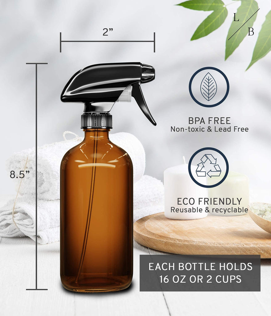 a bottle with a sprayer and a candle with text: 'L B BPA FREE Non-toxic & Lead Free 8.5" ECO FRIENDLY Reusable & recyclable EACH BOTTLE HOLDS 16 OZ OR 2 CUPS'