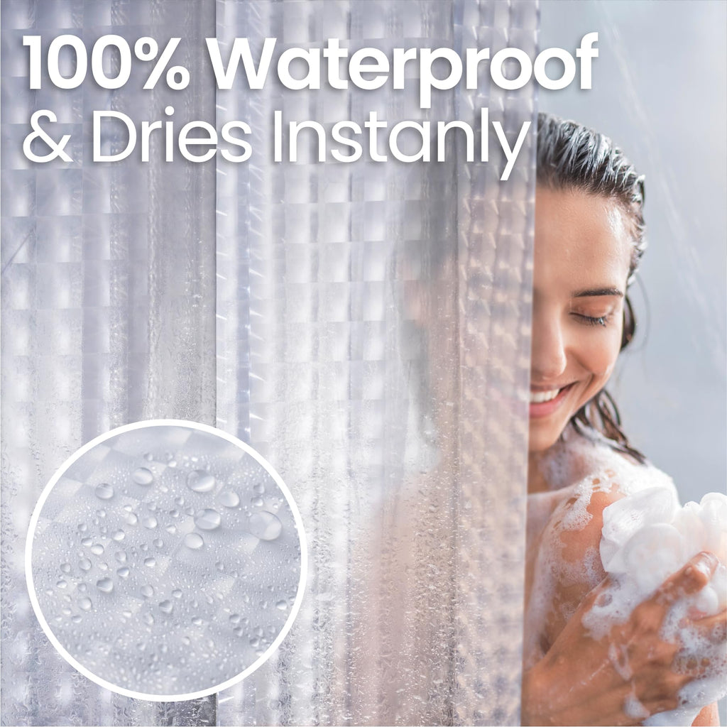 a person taking a shower with text: '100% Waterproof & Dries Instanly'