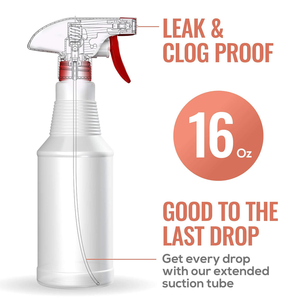 a spray bottle with a red lid with text: 'LEAK & CLOG PROOF 16 Oz GOOD TO THE LAST DROP Get every drop with our extended suction tube'