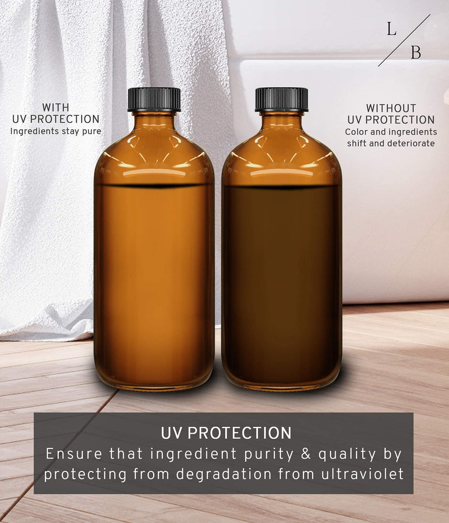 two bottles of uv protection with text: 'L B WITH WITHOUT UV PROTECTION UV PROTECTION Ingredients stay pure Color and ingredients shift and deteriorate UV PROTECTION Ensure that ingredient purity & quality by protecting from degradation from ultraviolet'