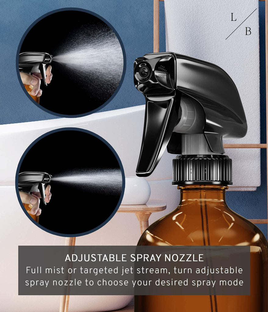 a spray bottle with a black handle with text: 'L B ADJUSTABLE SPRAY NOZZLE Full mist or targeted jet stream, turn adjustable spray nozzle to choose your desired spray mode'