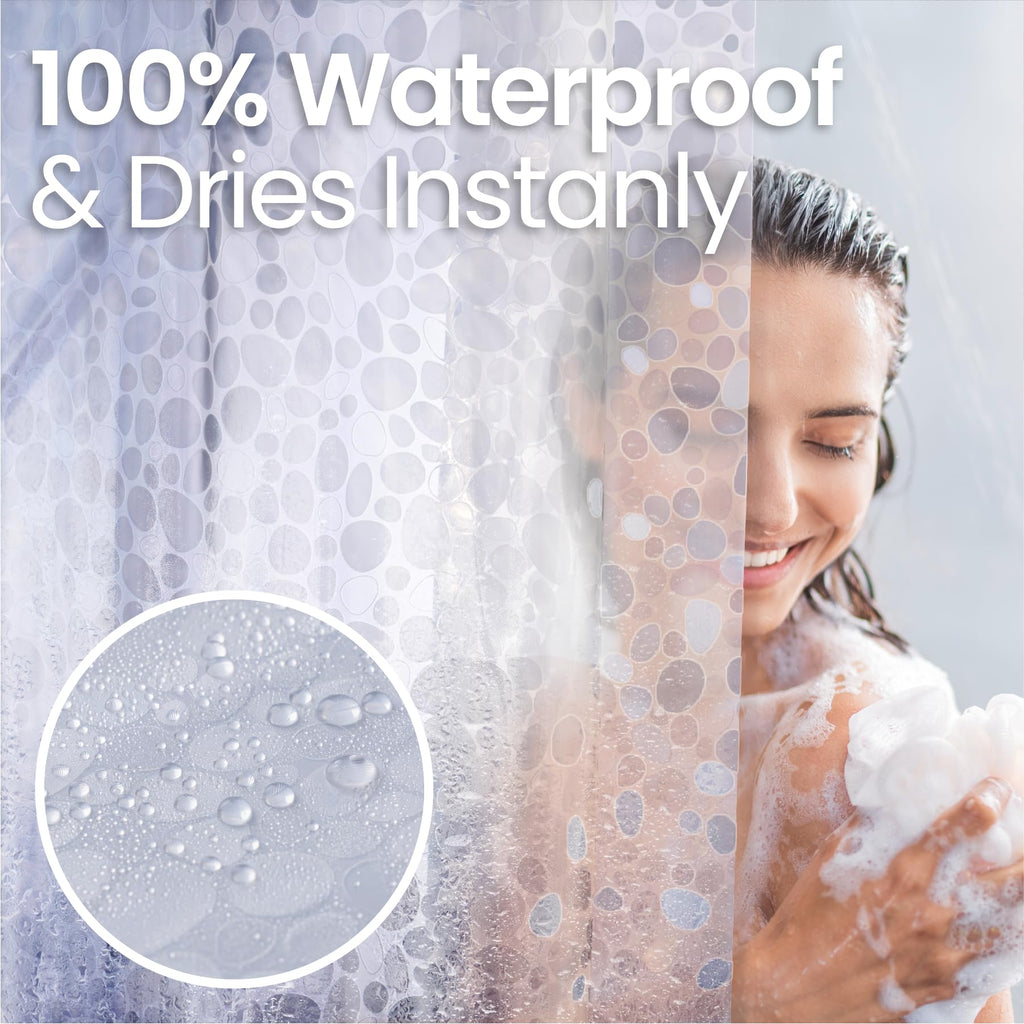 a person in a shower with soap bubbles with text: '100% Waterproof & Dries Instanly'