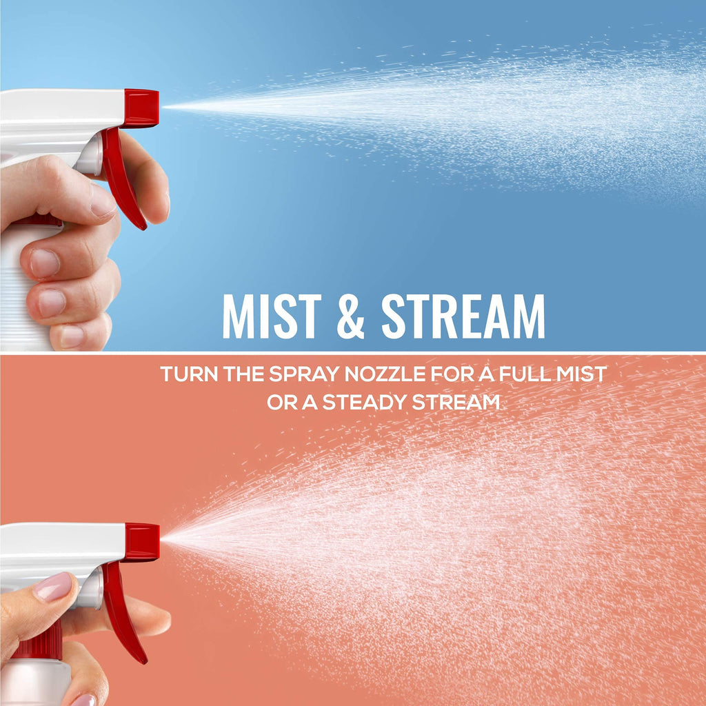 a spray bottle spraying water with text: 'MIST & STREAM TURN THE SPRAY NOZZLE FOR A FULL MIST OR A STEADY STREAM'