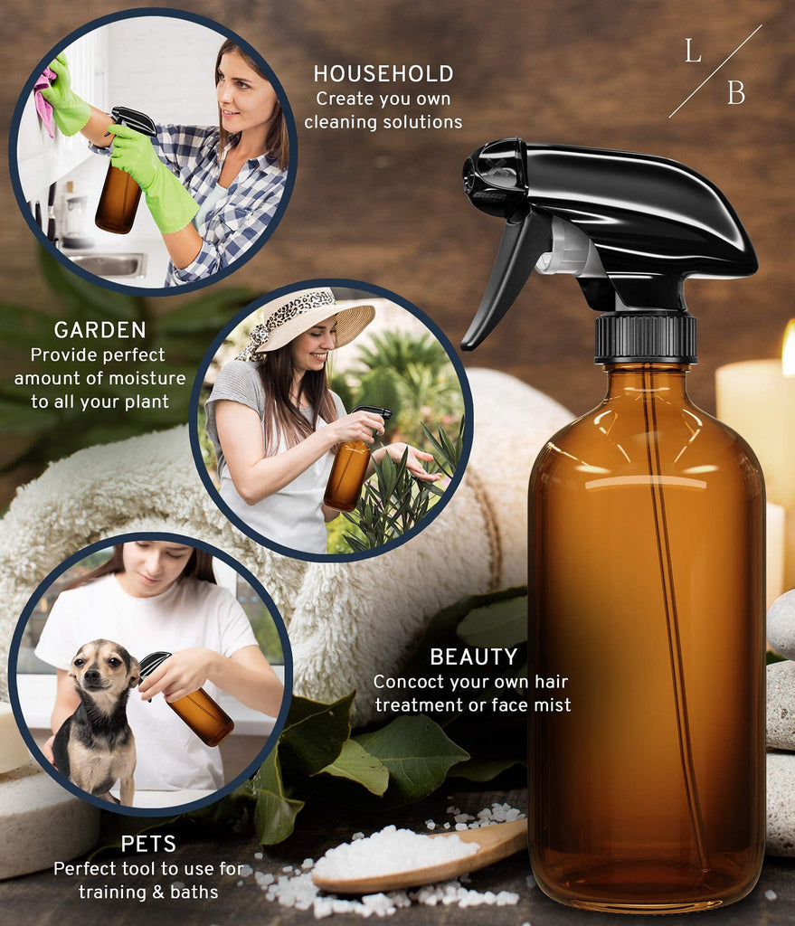 a spray bottle with a sprayer with text: 'L HOUSEHOLD Create you own B cleaning solutions GARDEN Provide perfect amount of moisture to all your plant BEAUTY Concoct your own hair treatment or face mist PETS Perfect tool to use for training & baths'