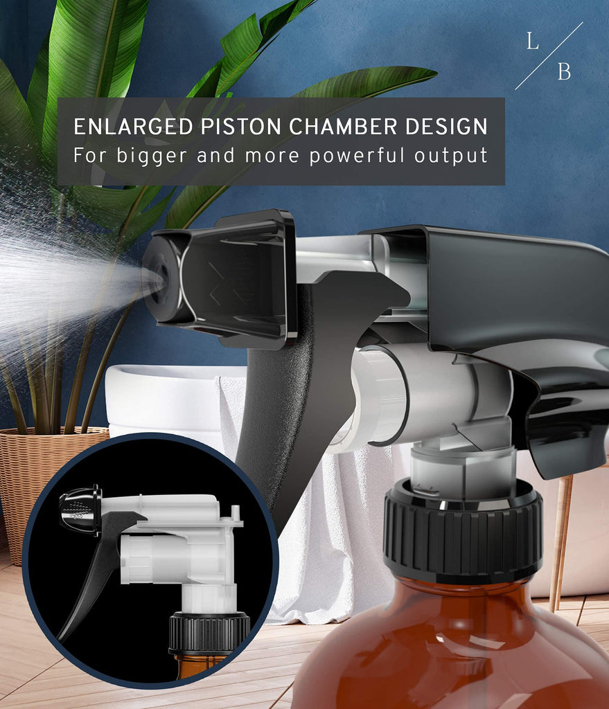 a spray bottle with a black handle with text: 'L B ENLARGED PISTON CHAMBER DESIGN For bigger and more powerful output'