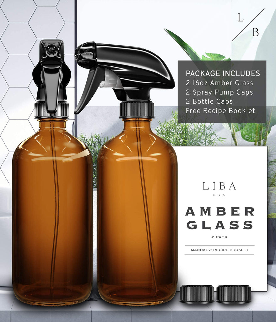 a spray bottle with a black handle with text: 'L B PACKAGE INCLUDES 2 16oz Amber Glass 2 Spray Pump Caps 2 Bottle Caps Free Recipe Booklet LIBA USA AMBER GLASS 2 PACK MANUAL & RECIPE BOOKLET'