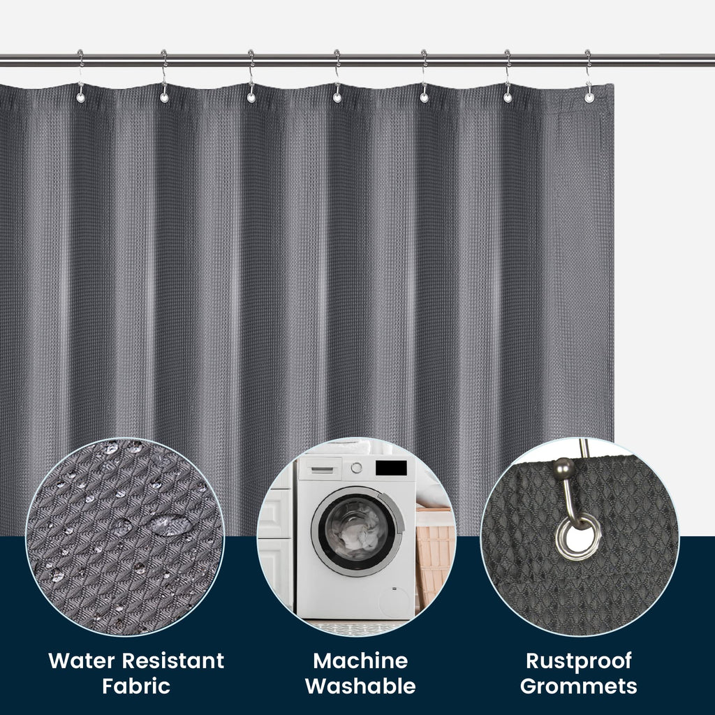 a shower curtain with a washing machine and a washing machine with text: 'Water Resistant Machine Rustproof Fabric Washable Grommets'