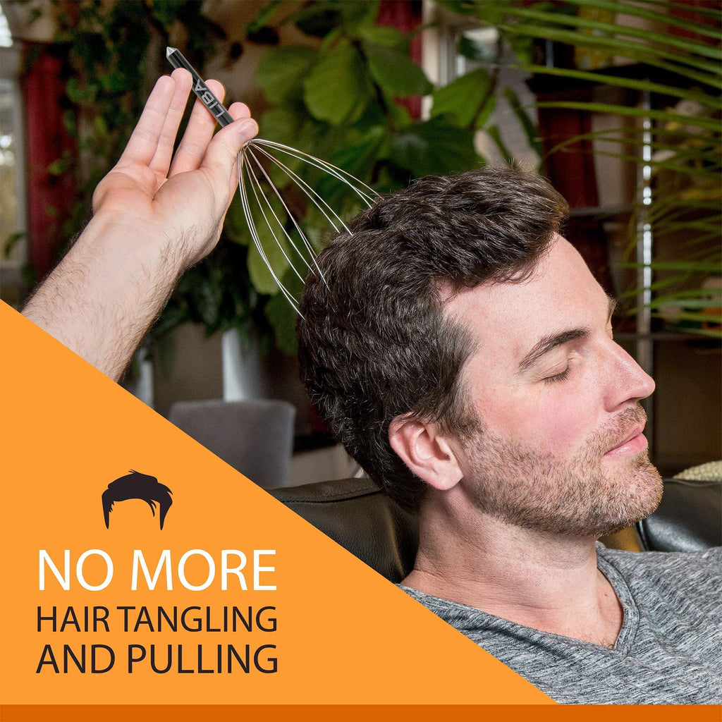 a person with a massage tool on his head with text: 'LIBA NO MORE HAIR TANGLING AND PULLING'